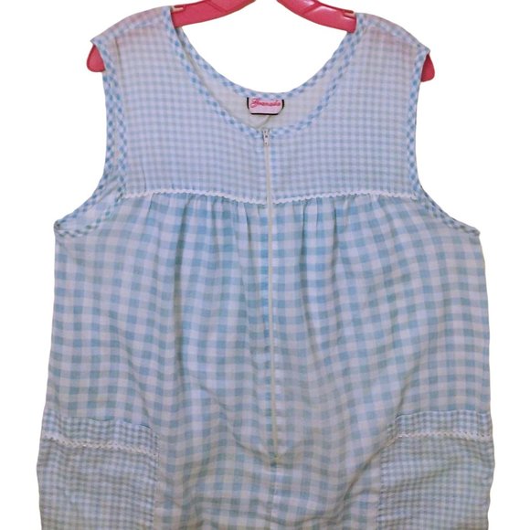 Vintage 80s Granada Gingham Ric-Rack Cottage House Dress M/L Pockets Zip-Front - Picture 2 of 10